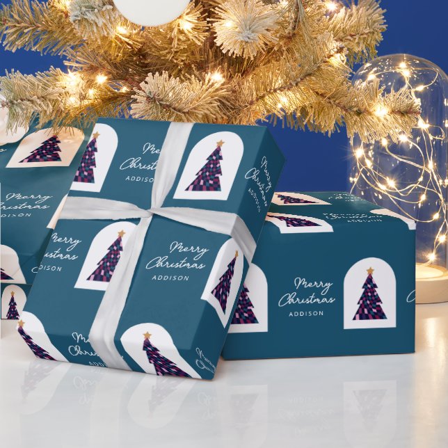 Personalized Name Teal Chequered Christmas Tree Wrapping Paper (Holidays)
