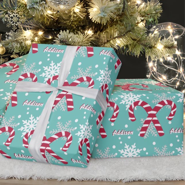 Personalized Name Teal Snowflake Candy Cane Gift Wrapping Paper (Creator Uploaded)