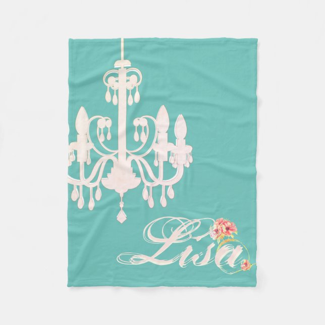 Personalized Name Teal with Pink Chandelier  Fleece Blanket (Front)