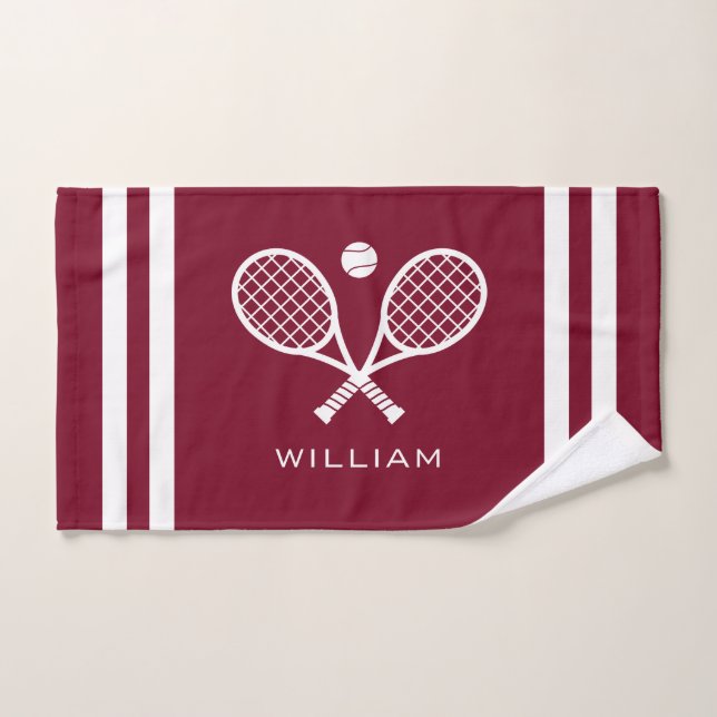 Personalized Name Tennis Burgundy Stripes  Hand Towel (Hand Towel)