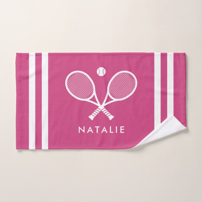 Personalized Name Tennis Magenta Pink Stripes Hand Towel (Hand Towel)