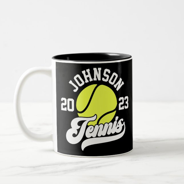 Personalized NAME Tennis Player Racket Ball Court Two-Tone Coffee Mug (Left)