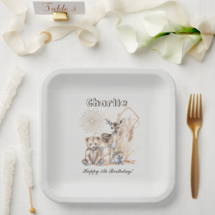 Personalized Name Text Boho Woodland Forest Animal Paper Plate