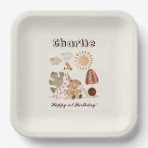 Personalized Name Text Boho Woodland Jungle Animal Paper Plate