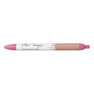 Personalized Name & Text Rose Gold Glitter  Black Ink Pen