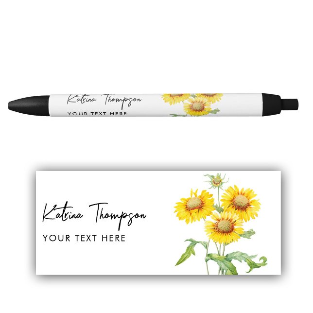 Personalized Name & Text Rustic Yellow Sunflowers Black Ink Pen (Personalized Name & Text Rustic Yellow Sunflowers Pen)