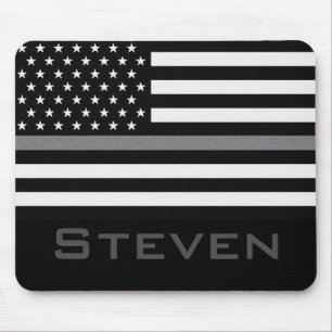 Personalized Name Thin Grey Line Flag Mouse Pad