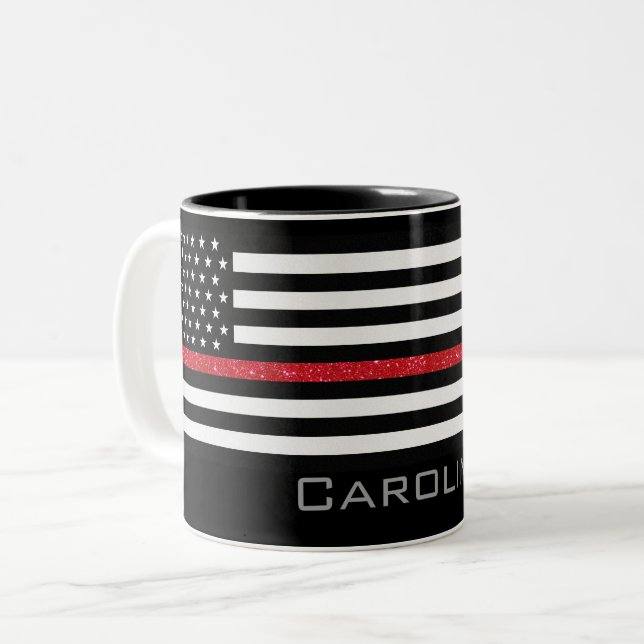 Personalized Name Thin Red Line Glitter Flag Two-Tone Coffee Mug (Front Left)