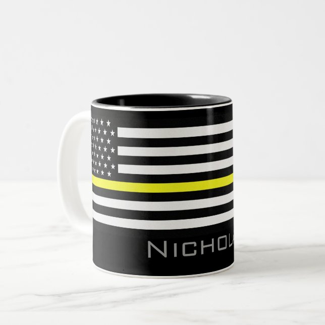 Personalized Name Thin Yellow Line Flag Two-Tone Coffee Mug (Front Left)