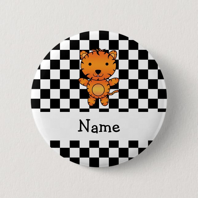 Personalized name tiger black and white checkers 2 inch round button (Front)