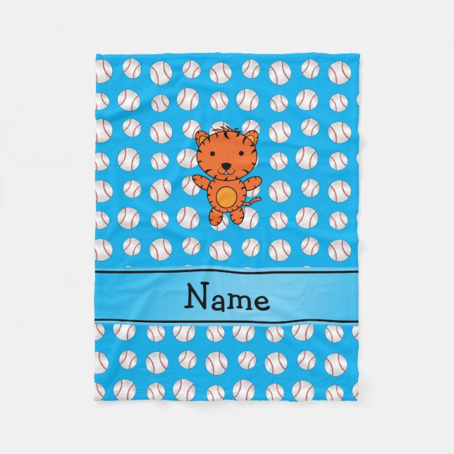 Personalized name tiger blue baseballs fleece blanket (Front)