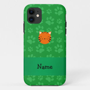 Personalized name tiger face green paw pattern iPhone 11 case