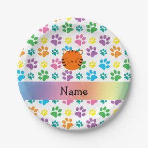 Personalized name tiger face rainbow paws paper plate