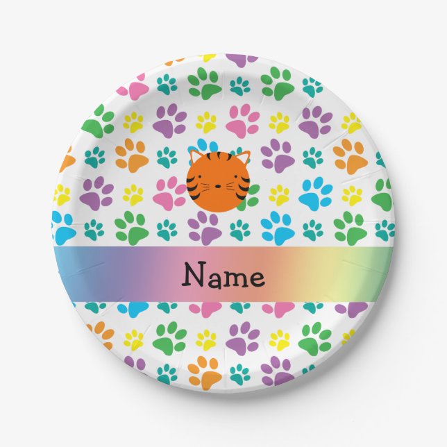 Personalized name tiger face rainbow paws paper plate (Front)