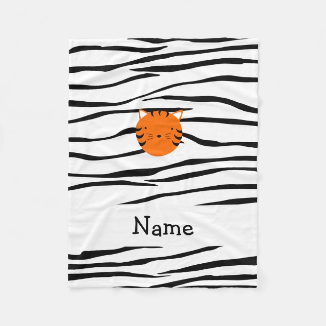 Personalized name tiger face zebra stripes fleece blanket (Front)