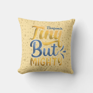 Personalized NAME Tiny But Mighty Yellow Star Blue Throw Pillow