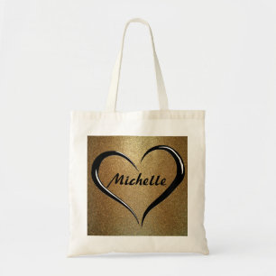 Personalized Name Tote Bag on Gold & Black Heart