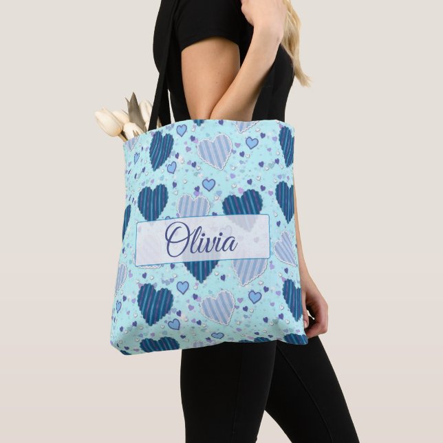 Personalized Name Tote Bag with Pretty Blue Hearts (Close Up)