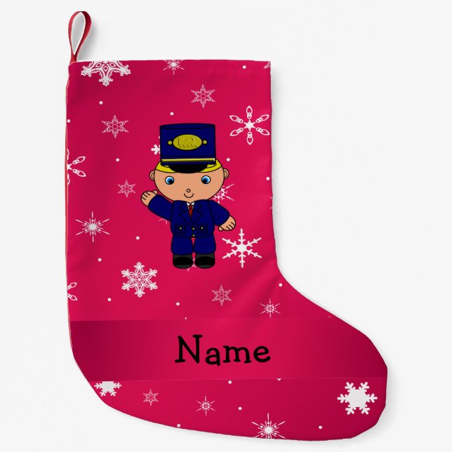 Personalized name train conductor pink snowflakes small christmas stocking (Front)