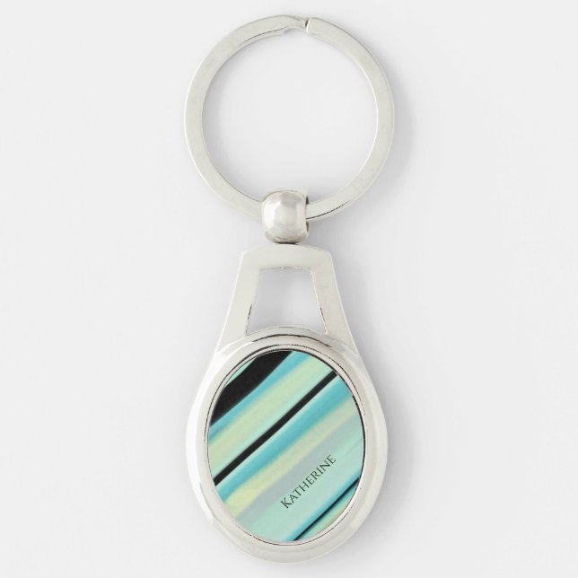 Personalized Name Tranquil Turquoise Stripes  Keychain (Front)