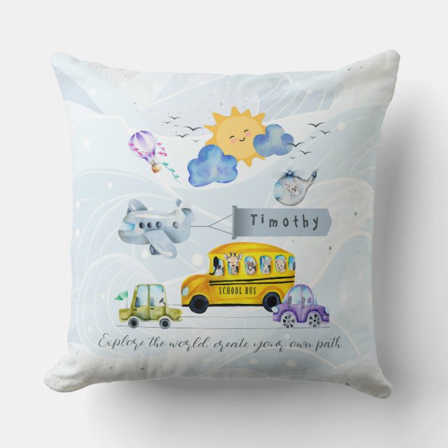 Personalized Name Transportation Bus Plane Car Throw Pillow (Front)