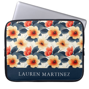 Personalized Name Tropical Orange Flower Pattern Laptop Sleeve