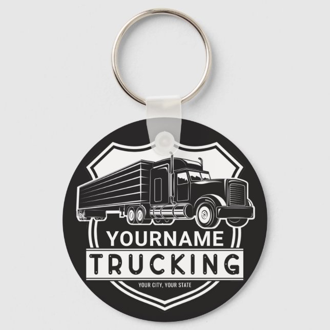 Personalized NAME Trucking Big Rig Semi Trucker Keychain (Front)