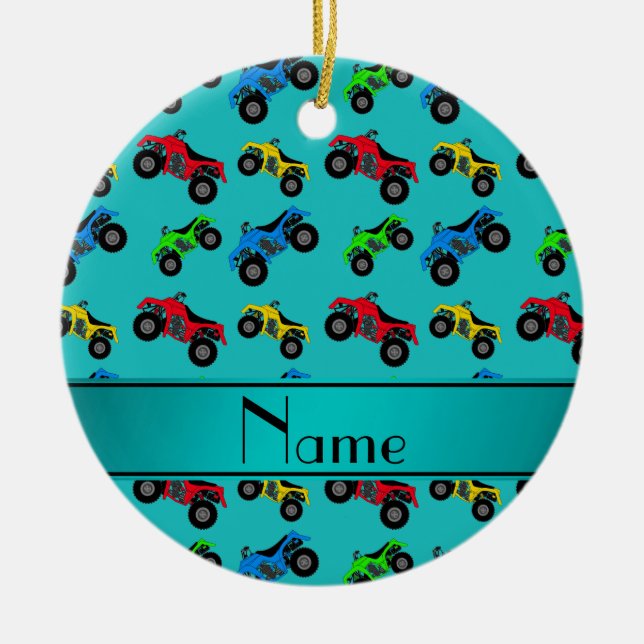 Personalized name turquoise atv pattern ceramic ornament (Front)