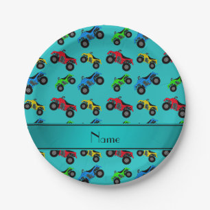 Personalized name turquoise atv pattern paper plate