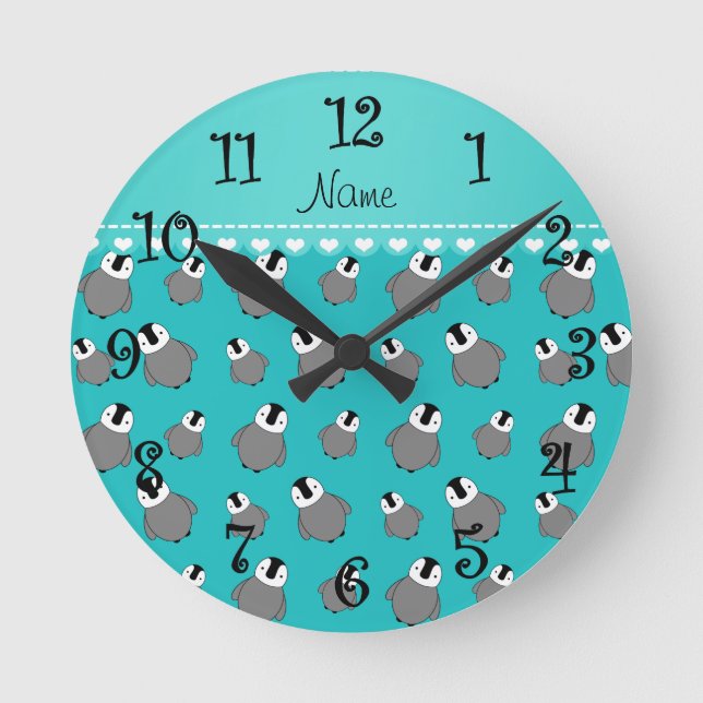 Personalized name turquoise baby penguins round clock (Front)