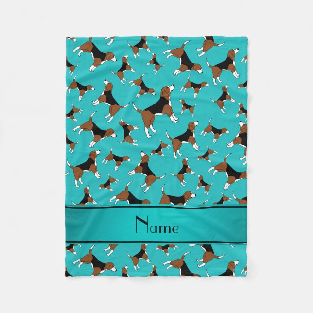 Personalized name turquoise beagle dog pattern fleece blanket (Front)