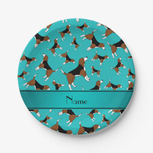 Personalized name turquoise beagle dog pattern paper plate
