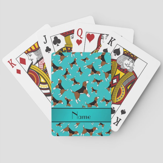 Personalized name turquoise beagle dog pattern playing cards (Back)