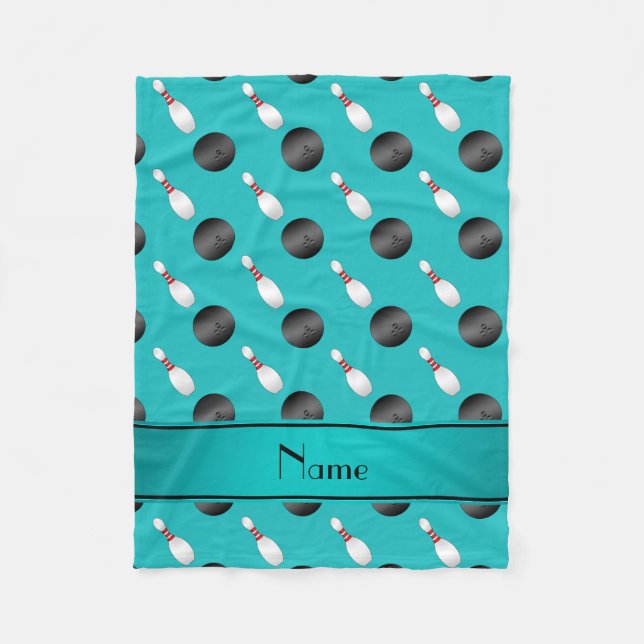 Personalized name turquoise bowling balls pins fleece blanket (Front)