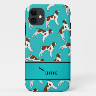 Personalized name turquoise brittany spaniel dogs iPhone 11 case
