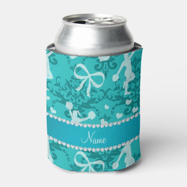 Personalized name turquoise cheerleading damask can cooler (Can Front)