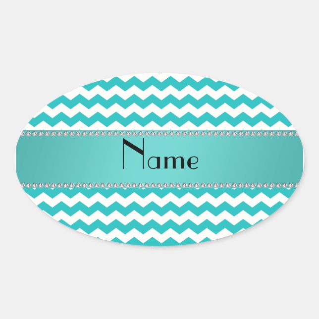 Personalized name turquoise chevrons oval sticker (Front)