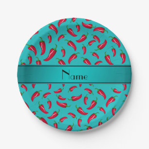 Personalized name turquoise chili pepper paper plate