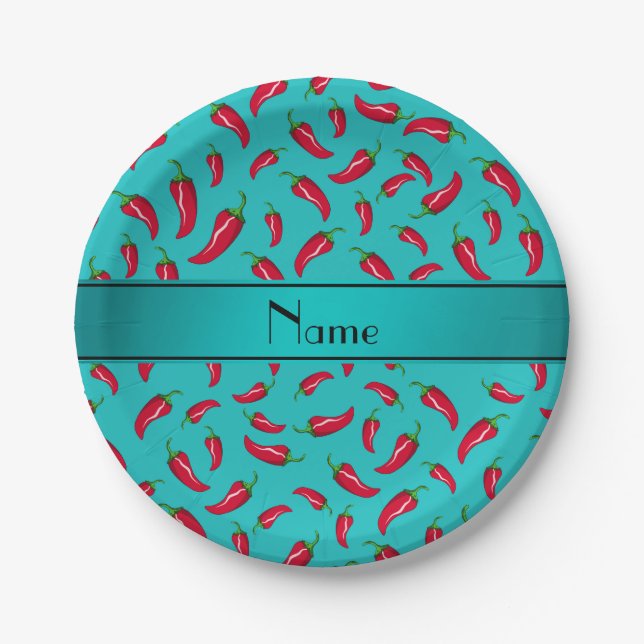 Personalized name turquoise chili pepper paper plate (Front)