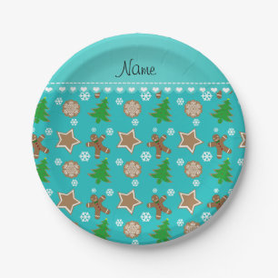 Personalized name turquoise christmas cookies paper plate