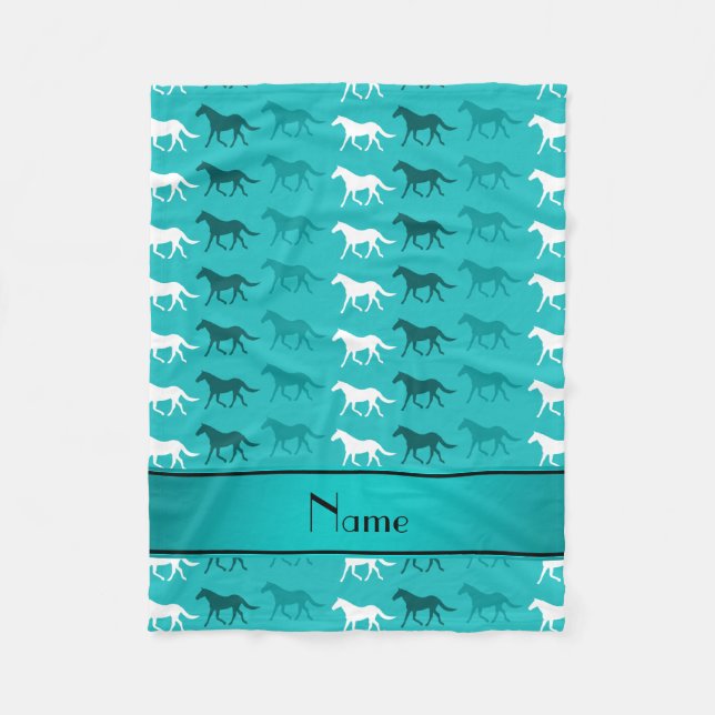 Personalized name turquoise coloured horses fleece blanket (Front)