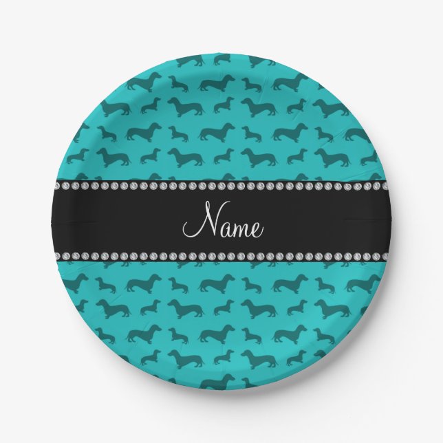 Personalized name turquoise dachshunds paper plate (Front)