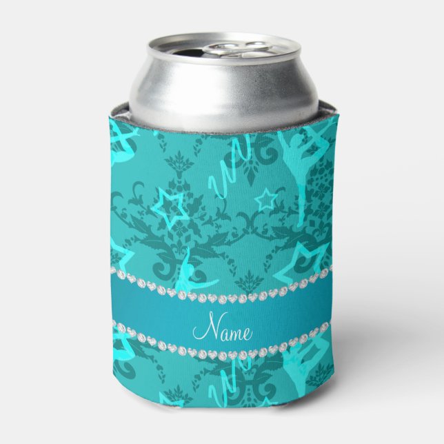 Personalized name turquoise damask gymnastics can cooler (Can Front)