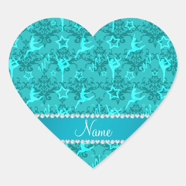 Personalized name turquoise damask gymnastics heart sticker (Front)