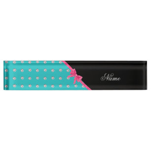 Personalized name turquoise diamonds pink bow nameplate