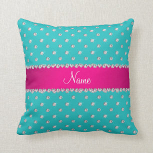 Personalized name turquoise diamonds pink stripe throw pillow