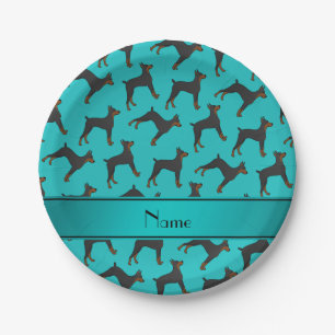 Personalized name turquoise doberman pinschers paper plate
