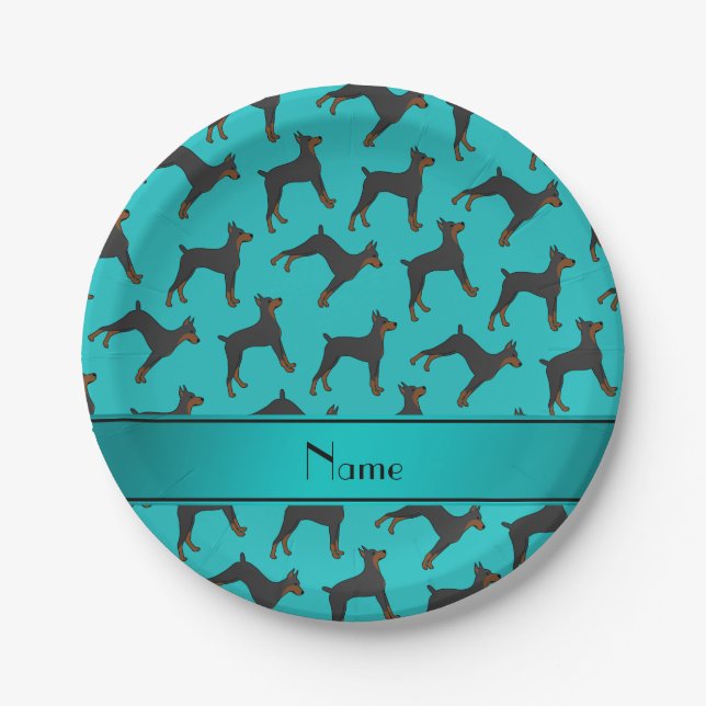Personalized name turquoise doberman pinschers paper plate (Front)