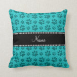 Personalized name turquoise dog paw prints throw pillow<br><div class="desc">Personalized custom name turquoise/teal/aqua dog paw print pattern (animal print) with a black diamonds stripe (not real diamonds) personalized with your name gifts or monogram gifts or your initials. Cute gifts for dog lovers.</div>