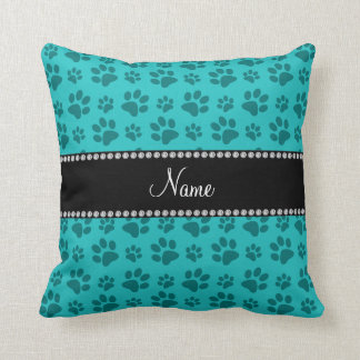 Personalized name turquoise dog paw prints throw pillow